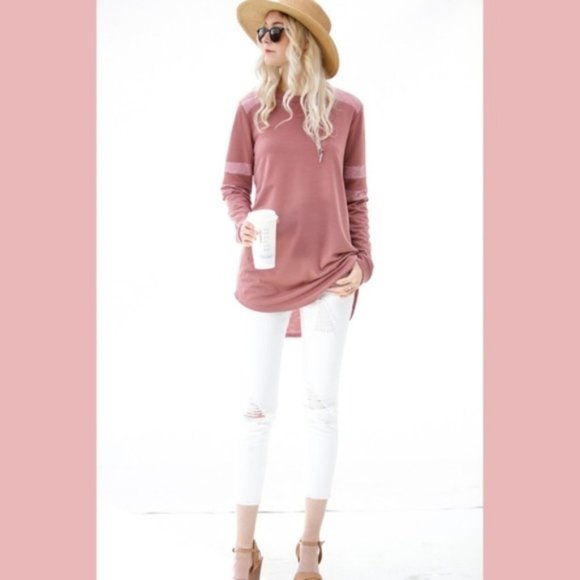 Long Stripe Sleeve Casual Top Pink High Low - Picture 6 of 7